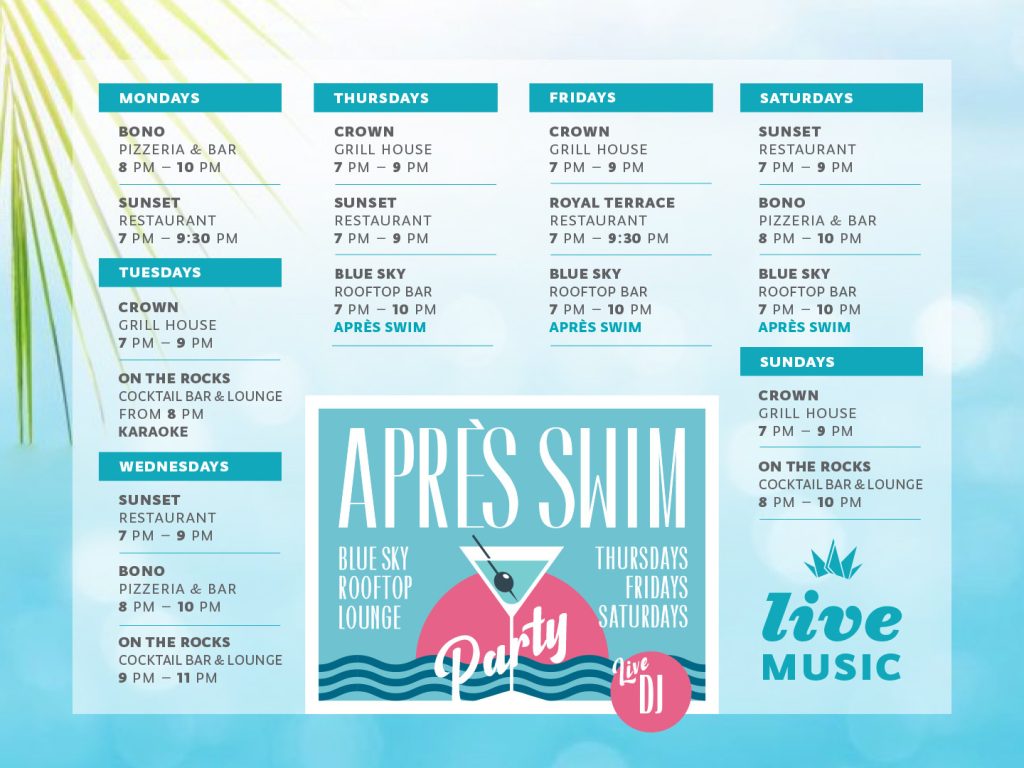 Weekly live music programme at Royal Hotels & Resort Dubrovnik featuring Blue Sky Rooftop Lounge, Sunset Restaurant, Crown Grill House, Bono Pizzeria & Bar and On the Rocks