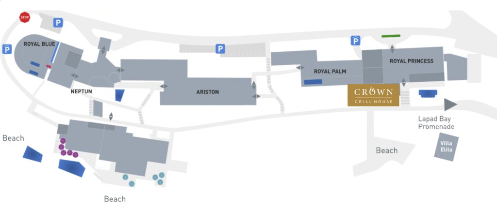 Resort map showing the location of Crown Grill House at Royal Hotels & Resort Dubrovnik, between Royal Palm and Royal Princess hotels.