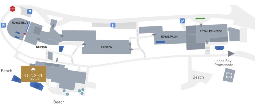 Resort map showing the location of Sunset Restaurant at Royal Hotels & Resort Dubrovnik, next to Royal Blue Hotel and the beachfront.
