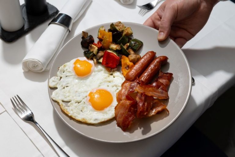 Freshly prepared gourmet breakfast with fried eggs, bacon and vegetables at Vista Restaurant Dubrovnik